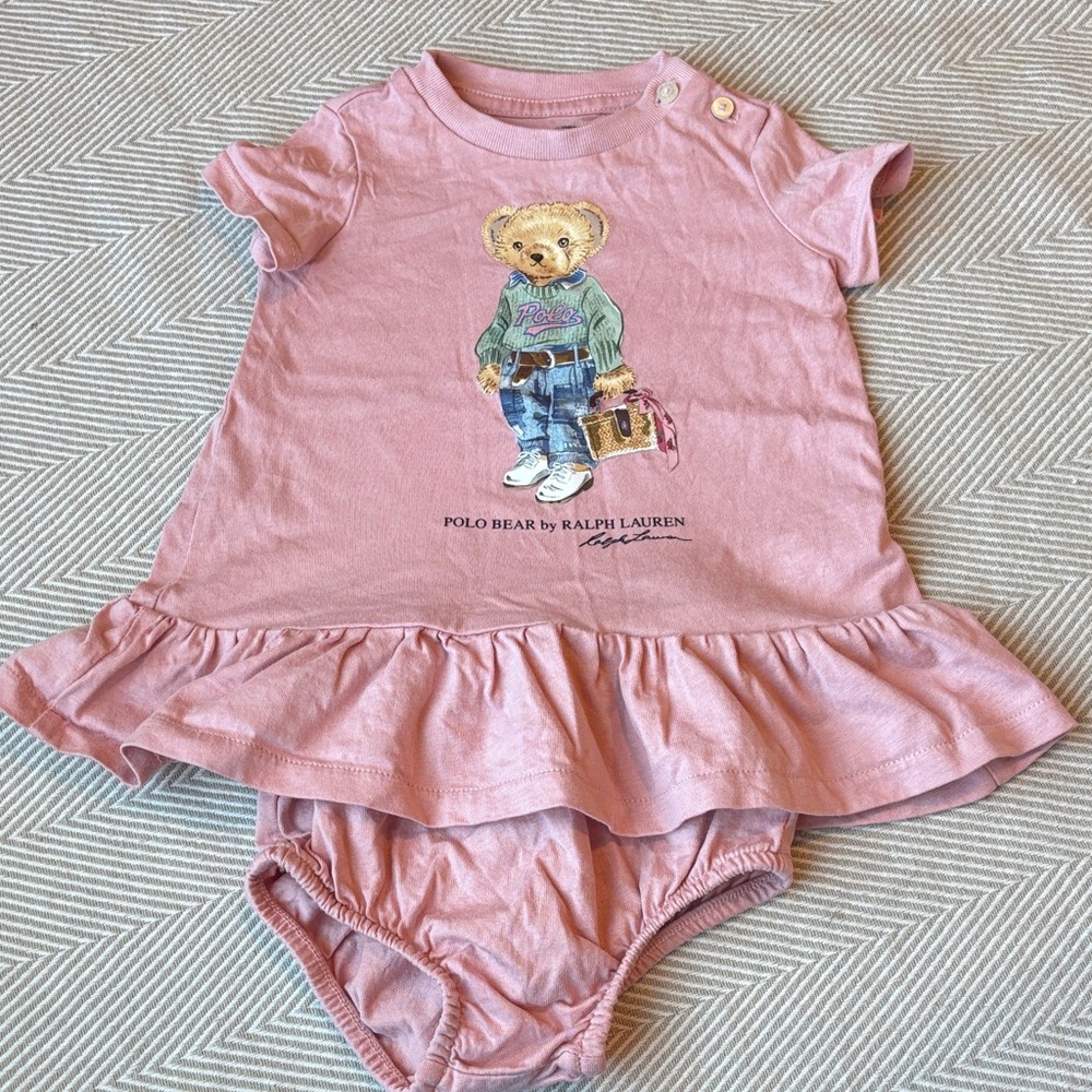 Polo by Ralph Lauren Pink Bear Ruffle Baby Dress & Diaper Cover
